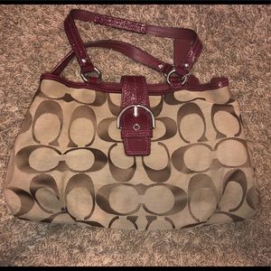 Coach purse tan canvas and burgundy leather